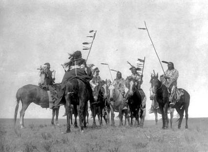 1908,13X19"..ATSINA WARRIORS; BY EDWARD CURTIS: Title: 1908,13X19"..ATSINA WARRIORS; BY EDWARD CURTIS Artist/Source: EDWARD S. CURTIS Original Date: 1908 Dimensions: 19X13 Description: || UNITED STATES SHIPPING ONLY! || This lot is a Dye Based Phot