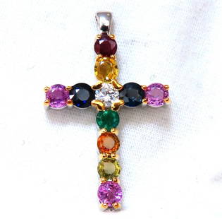 Sapphire Ruby Emerald Cross GIA Certified Diamond 14kt: Multi-Gem Cross 4.62ct Round Brilliant Natural Blue, Yellow, Orange, Pink Sapphires Emerald, Ruby. GIA Certified: .38ct. Natural Diamond E-color Vs-1 clarity #2221452936 clean clarity & transparent Br