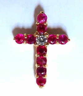1.60ct Natural Ruby Cross Pendant 14kt: MAGNIFICENT JEWELS Natural Round Rubies & Diamond Cross. .20ct. Brilliant Round Cut Natural Diamond Si-1 clarity / H color Natural 1.60ct Rubies Brilliant rounds, full cuts clean clarity & transparent