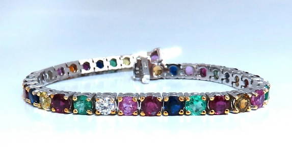 13ct natural ruby emerald sapphires diamond tennis bracelet 10kt gem line: Gem Line. 13ct. Natural Sapphires, Ruby, & Emeralds bracelet. Full round cuts, great sparkle. Multicolor sapphires. Vibrant Greens, Orange, Reds, yellows, Blues & Pinks Clean Clarity & Transparent. 1.