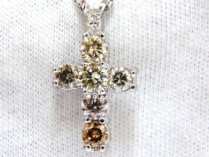 2.92ct natural fancy colors diamonds cross necklace 14kt: MAGNIFICENT JEWELS 2.92ct. Diamonds Cross Pendant + necklace. Full cut brilliants, Rounds & 1 marquise on top. Fancy light yellow, light greenish brown, light pink & yellow brown. Vs-2 clarity. 14kt N