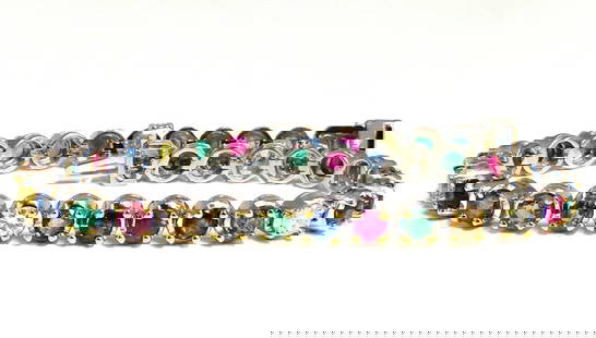 7.36ct natural ruby emerald sapphires diamond tennis bracelet 14 karat gem line: Gem Line. 6.50ct. Natural Sapphires, Ruby, & Emeralds bracelet. Full round cuts, great sparkle. Multi-color sapphires. Vibrant Greens, yellows, Blues & Reds Clean Clarity & Transparent. 5 Round Diamon