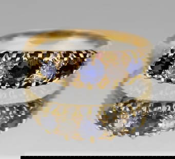 Vintage Five Stone Sapphire & Diamond 18ct Gold Ring: Five Stone Sapphire & Diamond 18ct Gold Ring Vintage, 20th c. Sapphires & diamonds, 18ct yellow gold Weight 2.2 g Ring size M 1/2 (British), 6.5 (US) Lovely quality. Good vintage condition Reserve: