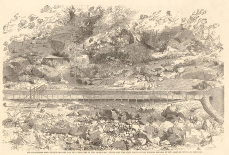 Californian gold district. Kanaha Bar. Miners working the American River 1852: TITLE OF THE PRINT: 'The Californian gold district - Kanaha Bar, on a tributary of the Sacramento, where gold was first found - Miners working the bed of the American River' DATE PRINTED: 24 January 1