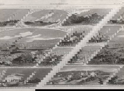 Hamilton Canada Burlington Bay canal Kingston Gore James St Prince of Wales 1860: TITLE OF THE PRINT: 'Burlington Bay canal. Regatta on Lake Ontario. The Glance of Kingston, The Residence of the Prince at Hamilton, The Gore, Hamilton, Great Mechanics Arch, James St., Hamilton, The
