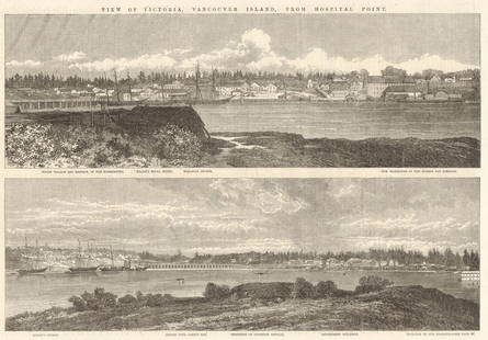 Victoria Vancouver Island Indian village Wilcox Hotel Hudson Bay Company 1863: TITLE OF THE PRINT: 'Indian village and reserve, in the foreground. Wilcox's Royal Hotel. Wesleyan Church. New Warehouse of the Hudson Bay Company / Christ's Church. Bridge over James's Bay. Residence