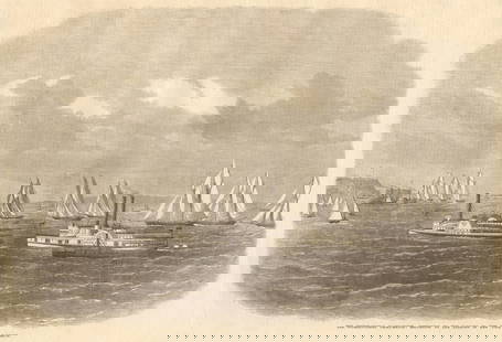 1870 America's Cup. Yacht match: returning to the New York Harbour narrows 1870: TITLE OF THE PRINT: 'The international yacht-match: returning to the narrows in New York Harbour' DATE PRINTED: 3 September 1870 IMAGE SIZE: Approx Overall page size: 39 x 26cm, 15 x 10 inches; image