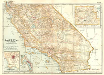 CALIFORNIA. South; Los Angeles, San Diego, Yosemite national park 1903 old map: TITLE/CONTENT OF MAP: 'California, Southern part; Inset map of Los Angeles and Vicinity, San Diego and Vicinity, Yosemite National Park' DATE PRINTED: 1903  IMAGE SIZE: Approx 28.0 x 39.0cm, 11 x 15.2