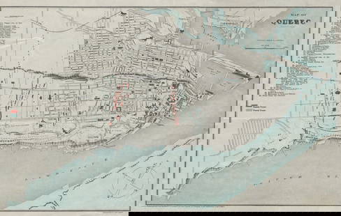 QUEBEC CITY plan Ville de Québec 1759/60 British/French troop positions 1908 map: TITLE/CONTENT OF MAP: 'Map of Quebec' DATE PRINTED: 1908  IMAGE SIZE: Approx 28.5 x 45.0cm, 11.25 x 17.75 inches (Large); Please note that this is a folding map. TYPE: Antique city plan, overl