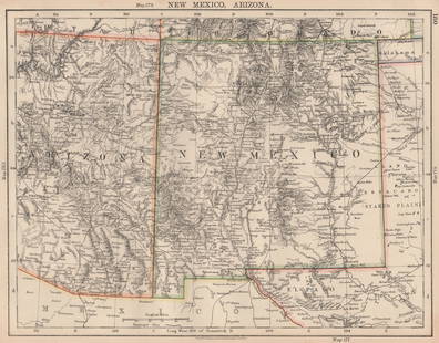 USA MOUNTAIN STATES. New Mexico & Arizona. Railroads. JOHNSTON 1906 old map: TITLE/CONTENT OF MAP: 'New Mexico, Arizona' DATE PRINTED: 1906  IMAGE SIZE: Approx 21.0 x 27.0cm, 8.25 x 10.5 inches (Medium) TYPE: Antique colour map CONDITION: Good; suitable f