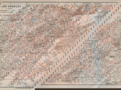 LOS ANGELES city plan. Downtown Westlake Chinatown Financial district 1909 map: TITLE OF THE MAP: 'Los Angeles' DATE PRINTED: 1909  IMAGE SIZE: Approx 15.0 x 20.5cm, 6 x 8 inches (Medium); Please note that this is a folding map. TYPE: Antique colour map; Scale 1:40.000