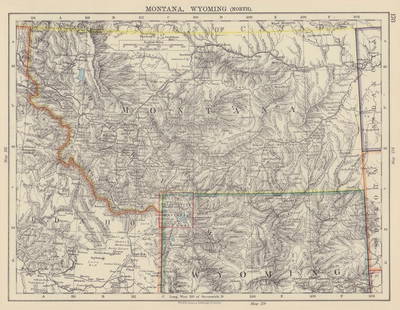 USA MOUNTAIN STATES. Montana North Wyoming Idaho East Yellowstone 1901 old map: TITLE/CONTENT OF MAP: 'Montana, Wyoming (North)' DATE PRINTED: 1901  IMAGE SIZE: Approx 21.0 x 27.5cm, 8.25 x 10.75 inches (Medium) TYPE: Antique colour atlas map CONDITION: Good