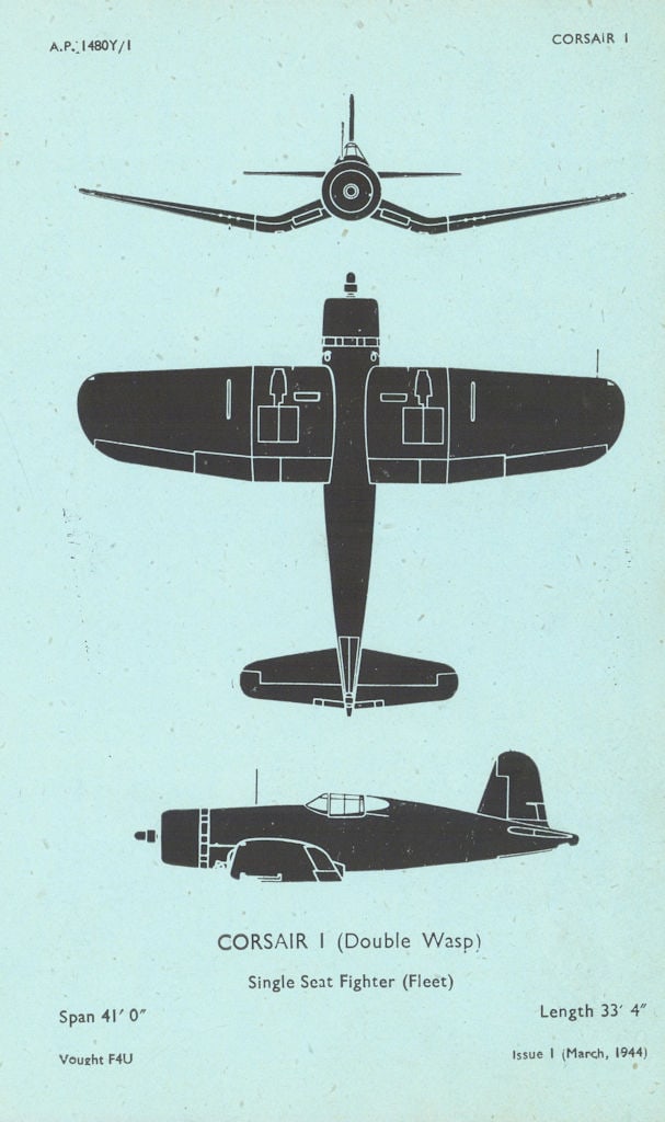Vought F4U Corsair I fighter (Fleet). Aircraft recognition profile 1944 print (1 of 1)