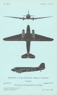 Douglas C-47/C-53 Dakota Transport. Aircraft recognition profile 1944 print: CAPTION PRINTED BELOW PICTURE: 'Douglas C-47 Dakota I and III & C-53 Dakota II Transport' DATE PRINTED: March 1944  IMAGE SIZE: Approx 18.0 x 11.0cm, 7 x 4.25 inches (Small) TYPE: Original Air