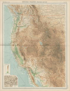 Western United States. Rocky Mountains. California Pacific NW USA TIMES 1922 map: TITLE/CONTENT OF MAP: 'United States - western section' DATE PRINTED: 1922  IMAGE SIZE: Approx 57.5 x 44.0cm, 22.75 x 17.25 inches (Large); Please note that this is a folding map. TYPE: Antiqu