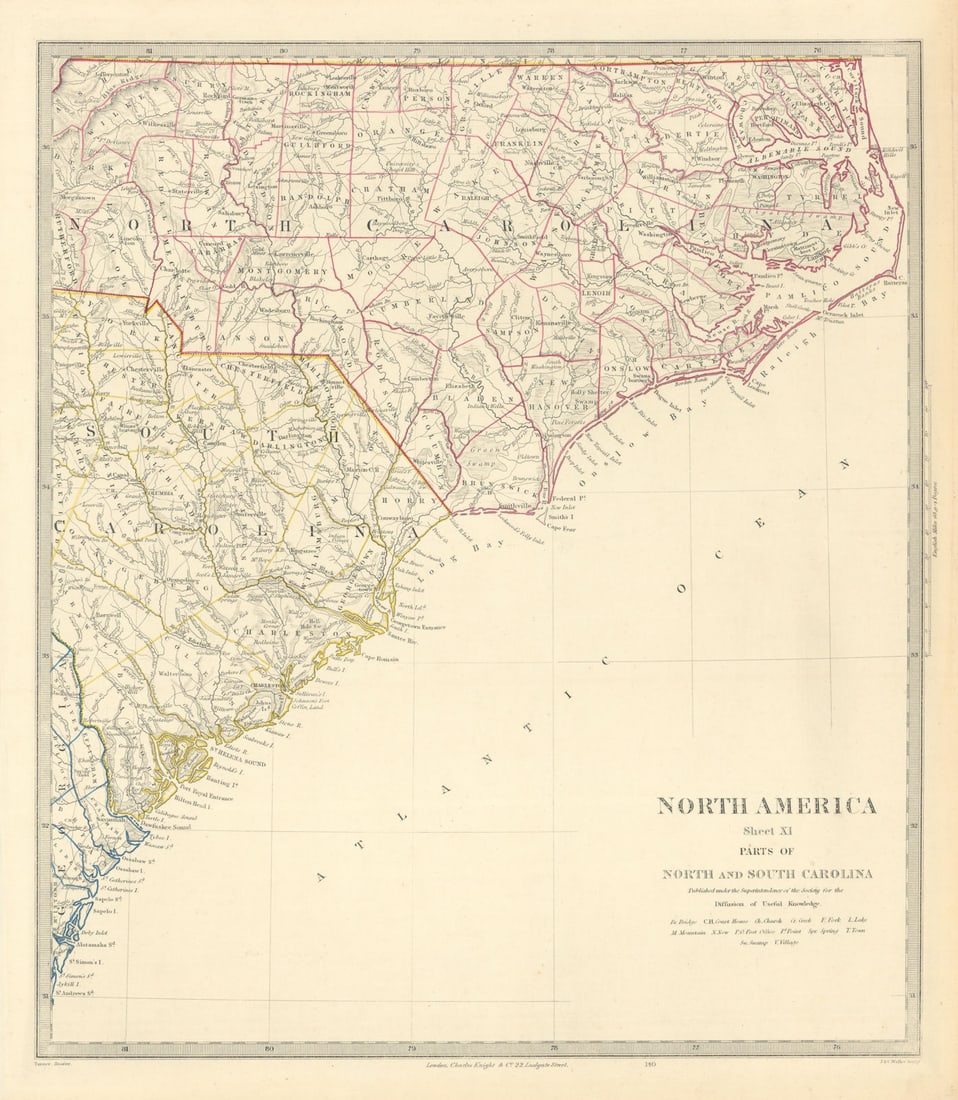 USA. Coastal North & South Carolina. Charleston. Cape Hatteras. SDUK 1851 map: CAPTION PRINTED BELOW PICTURE: 'NORTH AMERICA, SHEET XI., Parts of North and South Carolina' DATE PRINTED: 1851 IMAGE SIZE: Approx 39.5 x 35.0cm, 15.5 x 13.75 inches (Large) TYPE: Antique ste