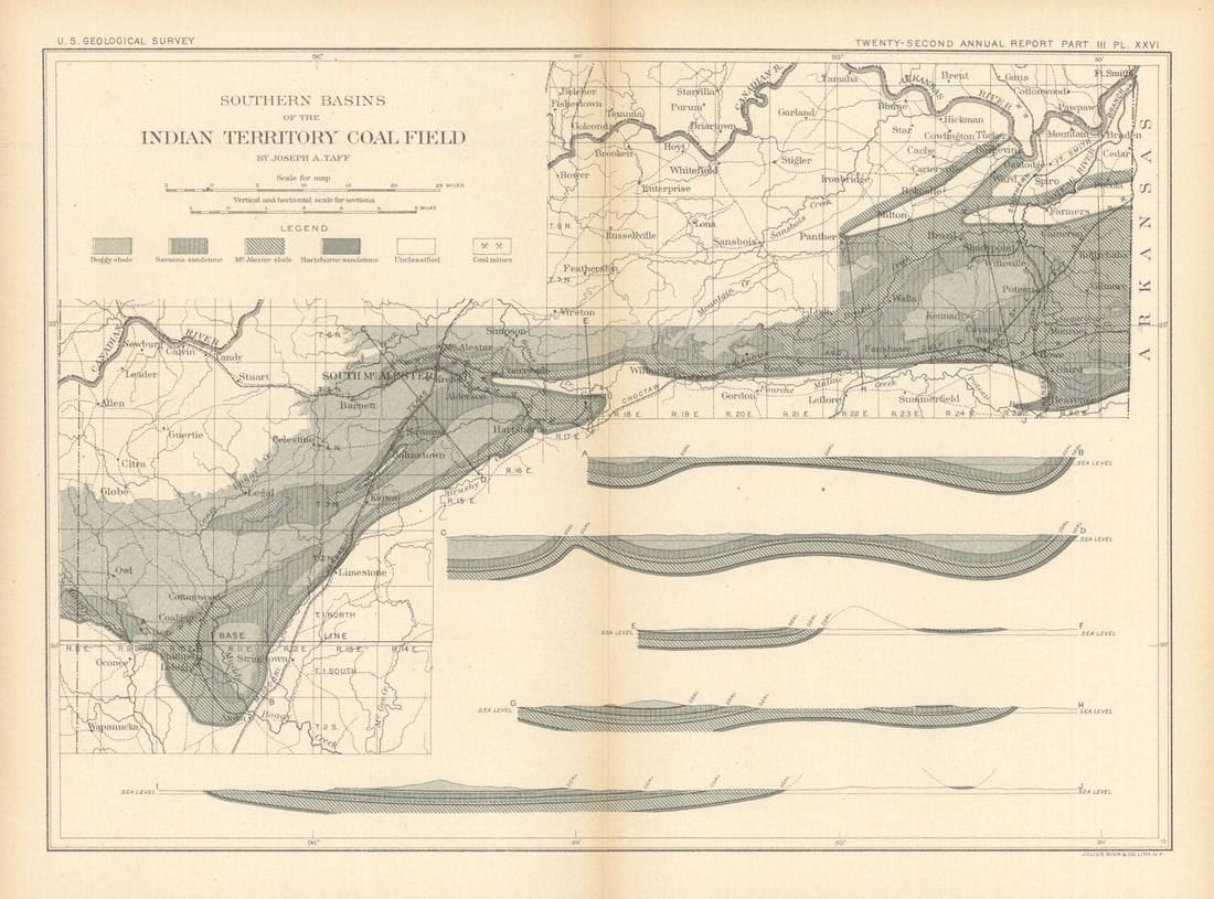 Indian Territory coal field southern basin. Oklahoma. USGS 1902 old map (1 of 1)