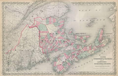 Colton's Dominion of Canada No.3 New Brunswick, Nova Scotia & PEI 1869 old map: TITLE OF PRINT (NOT PRINTED ON THE PAGE):'Colton's Dominion of Canada No.3 The Provinces of New Brunswick & Nova Scotia and Prince Edward Island' DATE PRINTED: 1869  IMAGE SIZE: Approx 43.5 x 67.5cm,