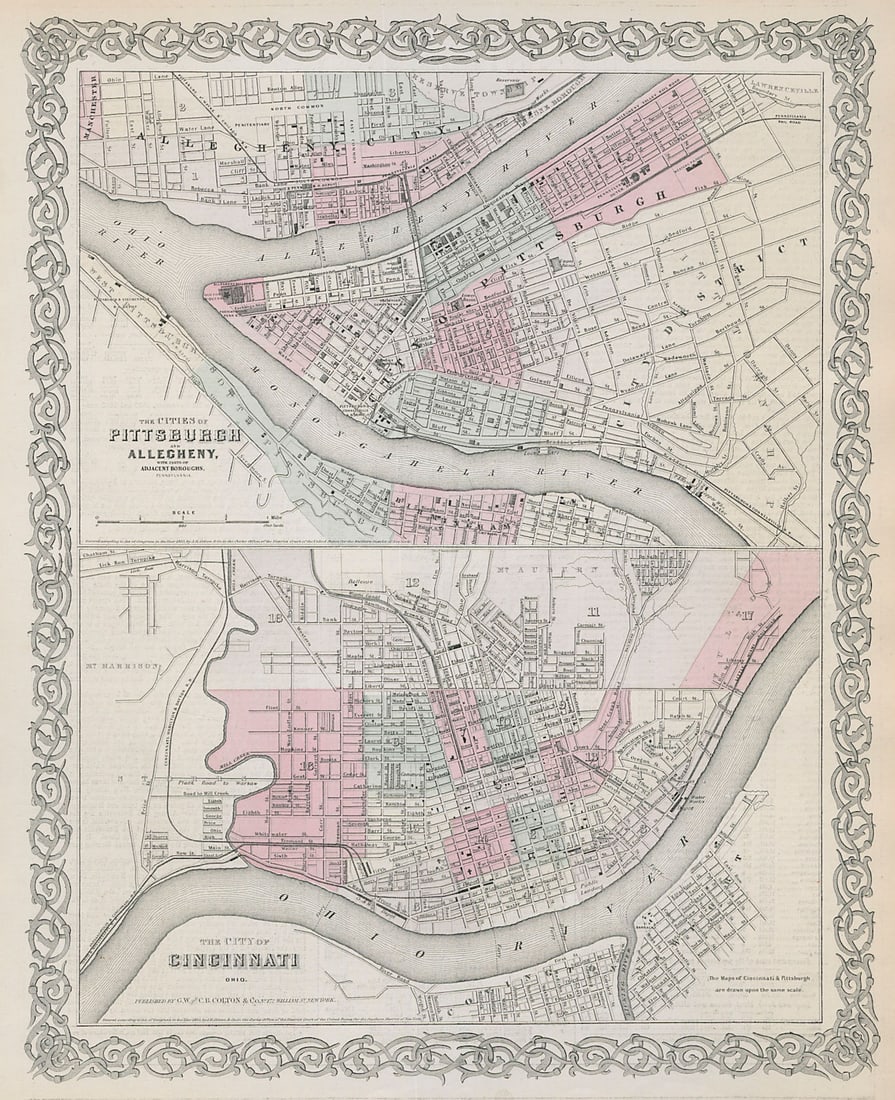Pittsburgh/Allegheny, Pennsylvania. Cincinnati, Ohio city plans COLTON 1869 map: TITLE OF PRINT (NOT PRINTED ON THE PAGE):'The Cities of Pittsburgh and Allegheny with parts of adjacent boroughs, Pennsylvania // The City of Cincinnati, Ohio' DATE PRINTED: 1869 IMAGE SIZE: Approx 41