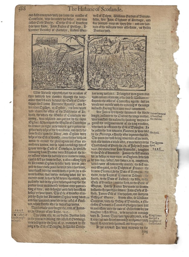 1577 English Woodcut Leaf History of Scotland: A leaf in English from the "Historie of Scotlande", by Raphael Holinshed printed at London in 1577. One side with battle woodcut, Very Good, Measures 7.5 x 10,5". Accompanied by copy of the title leaf