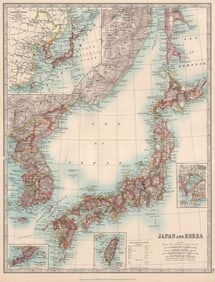 JAPAN & KOREA including southern Sakhalin Island. Taiwan. JOHNSTON 1912 map: CAPTION PRINTED BELOW PICTURE: 'Japan and Korea; Inset maps of The Japanese Empire; Environs of Tokyo & Yokohama; Port Arthur and Adjacent Territory; Formosa (Tai-Wan)'DATE PRINTED: 1912IMAGE SIZE: Ap
