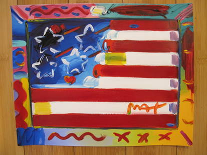 Peter Max Acrylic Painting HAND Painted & Signed Flag With Heart One of a kind Artwork With COA 2: Artist/Title: Peter Max Acrylic Painting HAND Painted & Signed Flag With Heart One of a kind Artwork With COA 2 Date: 2006 Medium: Acrylic on Paper Reserve: $700.00 Shipping: Domestic: Flat-rate of $1