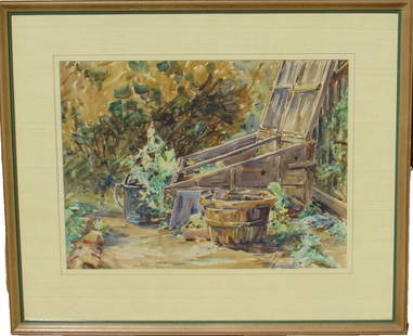 Barbara Woodward Circa 1940's Landscape w/foliage & vessels by a basement bunker: Barbara Woodward (1887-1976). Landscape with Foliage and vessels by a Basement Bunker, 13-1/4" x 18" sight size watercolor (framed size: 22" x 26") signed lower left. Barbara Woodward was born in Wake
