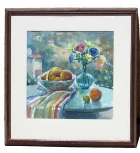 JOHN HUBBARD RICH Still Life Flowers&Fruit w Background view of Hollywood Hills: JOHN HUBBARD RICH (1876-1954). Circa 1940's Still Life with Flowers, Fruit and Background View of the Hollywood Hills from the Artist's Studio, 18-1/2" x 18-1/2" sight size watercolor (framed size: 29