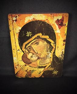 Antique Hanging Image of the Virgin Vladimir – Religious Artwork: Title: Antique Hanging Image of the Virgin Vladimir – Religious Artwork Origin:France Dimension: Height: 24 cm (9.4 in)Length: 17.5 cm (6.9 in)Thickness: 1.5 cm (0.6 in) Materials:Wood Year:20th Cen