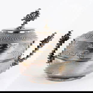 Victorian Meriden Silverplate Butter Dish: Title:Victorian Meriden Silverplate Butter Dish Size:7 5/8 in (19.4 cm) wide x 5 &frac12; in (14.0 cm) deep x 6 &frac12; in (16.5 cm) tall. Description:An over-the-top Victorian Butter dish with Aesth