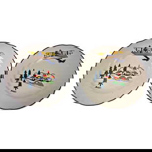 Pair of Antique Hand-Painted Longwy Plates - "Vacance" Design, France: Title: Pair of Antique Hand-Painted Longwy Plates - "Vacance" Design, France Origin:France Dimension: Diameter: 25 cm (9.8 inches)Height: 2 cm (0.8 inches) Materials: Porcelain Year:20th century Descr