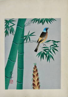 Ohno: Bird in Bamboo: Artist: Bakufu OHNO Subject: Bird in Bamboo Publisher: Kyoto Hanga-in Signature: Bakufu Date: 1950s Format: chuban, 21.7 x 30.2 cm Condition: Fine impression, color and condition Reserve: $60.00 Shipp