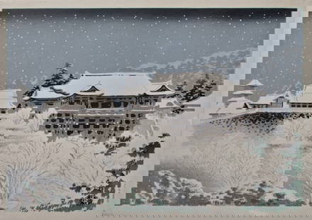 Tokuriki: Kiyomizu Temple: Artist: TOKURIKI Subject: Kiyomizu Temple Publisher: Uchida Signature: Tomikichiro Date: 1950s Format: dai-ôban, 40.7 x 28.5 cm Condition: Fine impression and color, toning to back Reserve: $100.00 S