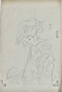 Ikedo Shoen: Key-block impression, Beauty: Artist: Ikeda SHOEN Subject: Beauty in Thought Signature: Shoen Date: 1913 Format: key-block impression for kuchi-e, 26 x 40cm Condition: Fine impression, wrinkling Reserve: $120.00 Shipping: Domestic