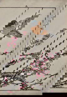 Imao Keinen: Finch and Prunus: Artist: Imao KEINEN (1845-1923) Subject: Finch and Prunus Series: Keinen Kacho Gafu, vol 1, Spring Publisher: Tanaka Jihei Signature: Keinen gafu in left margin Date: 1891 Format: ôban, 25.2 x 36.6 c