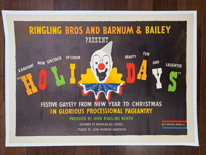 Ringling Bros. - Holidays - Art By Norman Bel Geddes (1942) 19.25x28 US Circus Poster LB: Ringling Bros. - Holidays - Art By Norman Bel Geddes (1942) 19.25x28 US Circus Poster LB, Please refer to the attached photos to determine the condition of this original vintage item. Note: LB means L
