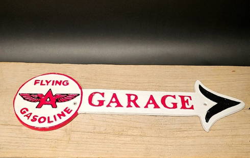 Cast Iron Flying A Gas Oil Garage Sign Plaque: 16 1/2" Long x 5" High Such a neat reproduction cast iron plaque/sign. This sign is all solid cast iron. Hand painted, wonderful signs of wear and distress. Hard to tell its age! Reserve: $17.00 Shipp