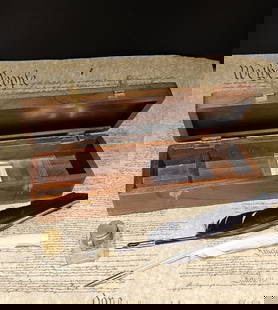 Wood Writing Set Desk Box: Box measures: 13" long x 4" Deep x 2 5/8" High Great reproduction of an antique wood inkwell pen box set. Made from a beautiful teak hardwood with a light distressed finish. This piece accommodates ou