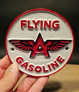 Cast Iron Flying A Gasoline Oil Sign Plaque: 4 1/2" round Such a neat reproduction cast iron plaque/sign. This sign is all solid cast iron. Hand painted, wonderful signs of wear and distress. Hard to tell its age! Reserve: $20.00 Shipping: Domes