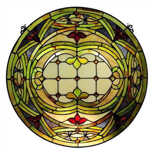 24" Round Stained Glass Window Hanging Panel Suncatcher: Description 24" Wide A mesmerizing reproduction stained glass window panel meticulously handcrafted from pieces of hand cut stained art glass. Each individual piece of stained glass is meticulously li