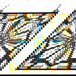 20" Square Panel Stained Glass Window Hanging Panel Suncatcher: 20"x 20" Introducing a magnificent reproduction stained glass window panel that radiates timeless beauty. The technique used to make this window is the same used by Louis Tiffany in the early 1900s. E
