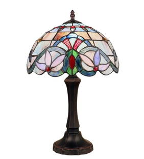 18" 1 light Stained Glass Table Lamp: 18" Tall 12" Shade Wonderful reproduction 2-light Tiffany-style lamp is a stunning and versatile lighting option that can enhance the ambiance of a bedroom, office, or living room. The technique used