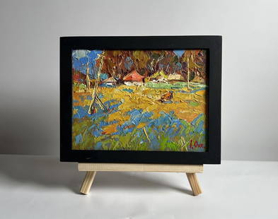 Oil painting A cow in a field near a village Oksana Kalenyuk: AAA4073 This oil painting cardboard, titled "A cow in a field near a village", the composition is divided into three main sections the foreground, which consists of a golden field with hints of blue a