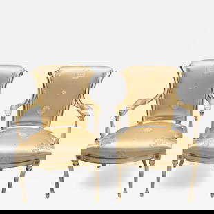 Maison Jansen Attr., Louis XVI Style, Hollywood Regency, Fauteuils, Scalamandre: Description: Maison Jansen Attribution, Louis XVI Style, Hollywood Regency, Fauteuils or Armchairs, Scalamandre Silk Pair of Louis XVI style Hollywood Regency fauteuils or armchairs in a stunning Scal