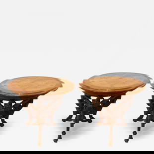 Pair R. J. Horner End Tables, Side or Pedestal Tables, Carved, Inlaid, Rare: Description: A Rare Pair of R.J. Horner End Tables, Side Tables or Pedestals This stunning rare pair of end or side tables is simply magnificent. The one of a kind pair having finely inlaid table tops