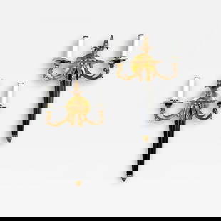 Pair Louis XVI Style French Sconces / Wall Lights, Ebony, Bronze, Maison Bagues: Description: Pair of Louis XVI Style French Sconces, Ebony and Bronze, Two Light, Electrified in the Manner of Maison Bagues A strickingly well crafted pair of stylish wall sconces each having bronze