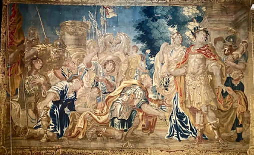 17th Century Flemish Tapestry Daris at Constantinople: Description: A palatial 17th century Flemish tapestry depicting Daris at constantinople tapestry. This epic Roman soldier historical scene having rearing horses in the foreground with the famed empero