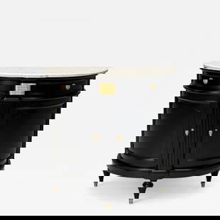Louis XVI Style, Ebony, Bronze, Marble, Demi Lune Server, France, 1930s: Description: Hollywood Regency, Louis XVI Style, Ebony, Bronze, White Marble, Demi Lune Server, Console Table, France, 1930s A stunning Maison Jansen-inspired console or serving table in the Louis XVI