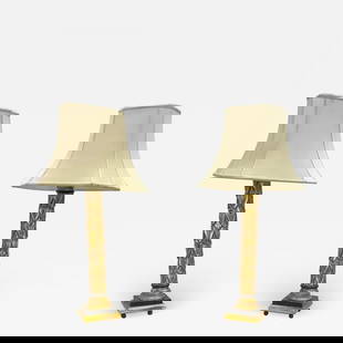 Maison Jansen Table Lamps, Fleur de Lis, Mid-Century Modern, France, 1950s: Description: Pair of Maison Jansen table lamps having fleur de lis gilt gold and ebony design in the Hollywood Regency or Mid Century Modern Fashion. A truly stunning pair of lamps with small carved g
