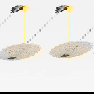Carl Fagerlund, Brass, Glass, Pendant Lights, Sweden, 1940s: Description: Carl Fagerlund, Swedish Mid-Century Modern, Brass, Glass, Pendant Lights, Sweden, 1940s Pair of 'UFO' pendant lights designed and produced by Carl Fagerlund for Orrefors in Sweden c. 1940